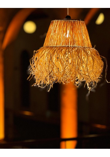 Hasır Doğal Saçaklı 30 Cm Çap Dekoratif Rafya Avize Sarı