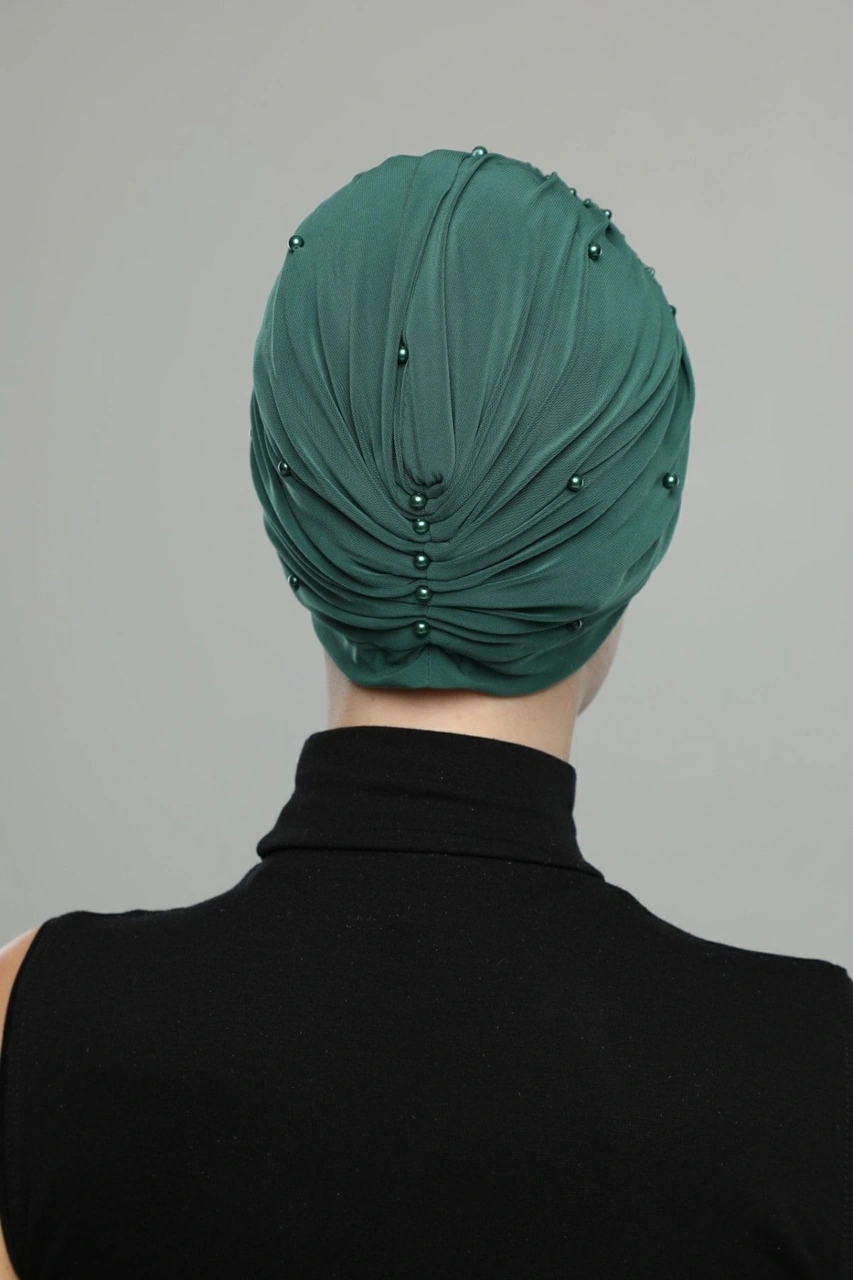 Kopma Astarlı Işlemeli Yeşil Dantel Motifli Hazır Türban Tesettür Abiye Bone Yeşil Dantel