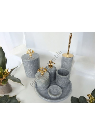 Gri Mermer Klasik Model 7 Parça Gold Renk Mercan Aksesuarlı Banyo Seti Gri