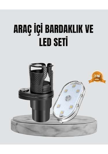 360 Döner Çiftli Bardak Tutucu Ve Kablosuz Ambiyans Led Işık Araç Seti