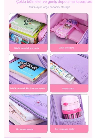 Kız Sırt Çantası, Çocuklar Için Büyük Kapasiteli Omurga Sırt Çantası Mor