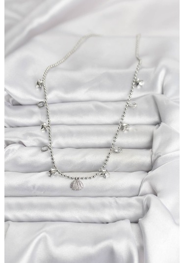 Pirinç Gümüş Renk Zirkon Taşlı Deniz Kabuğu Model Kadın Kolye Renkli