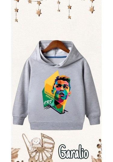 Cristiano Ronaldo Cr7 Baskılı Kapüşonlu Çocuk Sweatshirt Gri