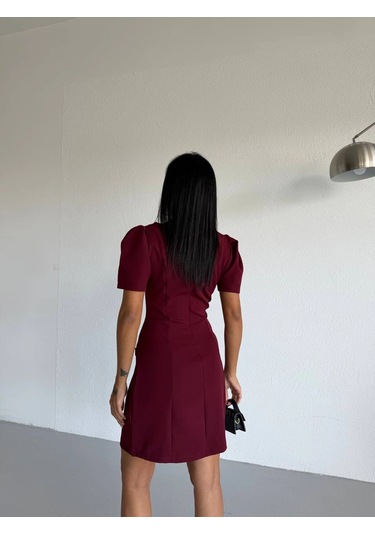 Modalima Bordo Kayık Yaka Kısa Kollu Mini Elbise Çok Renkli
