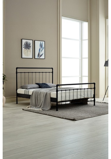 Odin Çift Kişilik Metal Karyola-siyah Ahşap Latalı