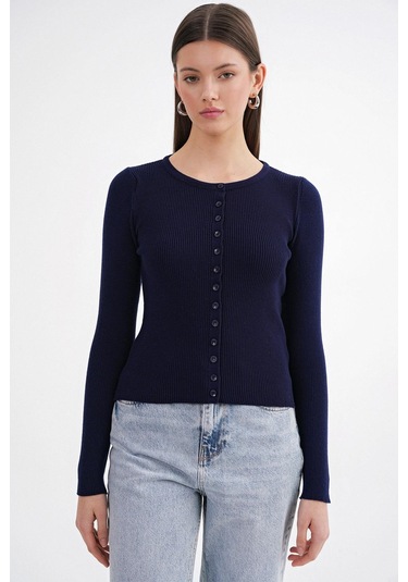 6931 Kadın Düğmeli Fitilli Triko Hırka Lacivert Lacivert