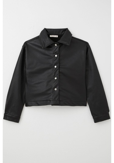 Breeze Kız Çocuk Deri Ceket Kabartma Desenli Çıtçıtlı 9-14 Yaş, Siyah Siyah