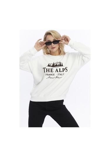 Gidia Kadife The Alps Desenli Ekru Yumuşak Dokulu Regular Fit Bisiklet Yaka Kadın Sweatshirt Ekru