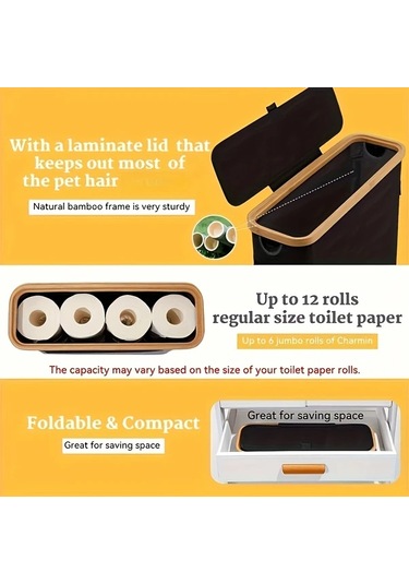 Sunshine011 Gri Sku 1 Adet Bambu Kağıt Havlu Tutucu, Çift Bölmeli Modern Banyo Depolama Sepeti Gri