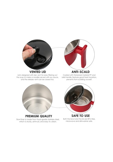 Neevoyu Kırmızı 1000ml 304 Paslanmaz Çelik İçelik Termos Muhallebi Kasesi, Isı Yalıtkan Kollü, Mikrodalga Uygun, Spor/okul/ofis İçin Pratik Mutfak Gereci Kırmızı