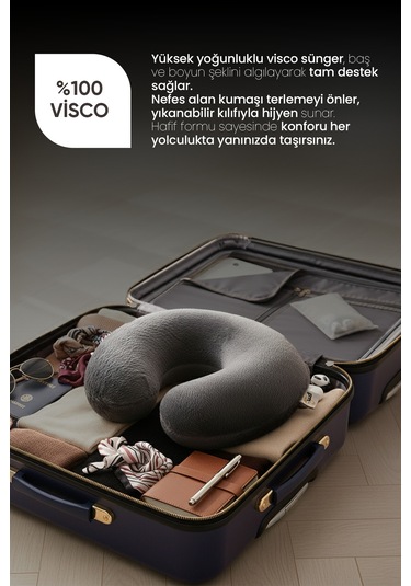 Ortopedik Seyahat Yastığı - Visco Seyahat Boyun Yastığı - Ortopedik Boyunluk Antrasit Beyaz