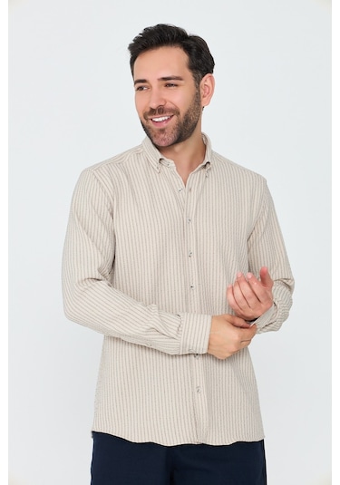 White Stone Krem Rengi Çizgili Dynamic Fit Erkek Uzun Kollu Gömlek