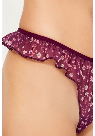 Mürdüm Çiçek Desenli Tül Kenarları Fırfırlı Tanga Külot Mürdüm