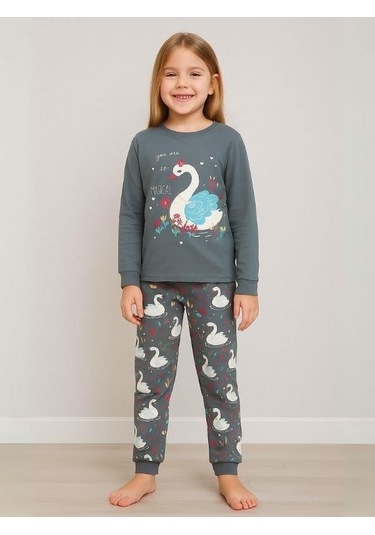 Kız Çocuk Kuğu Baskılı Pamuklu Pijama Takımı-16057 Haki