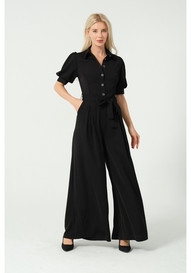 Balon Kol Bağcık Detaylı Tulum Siyah