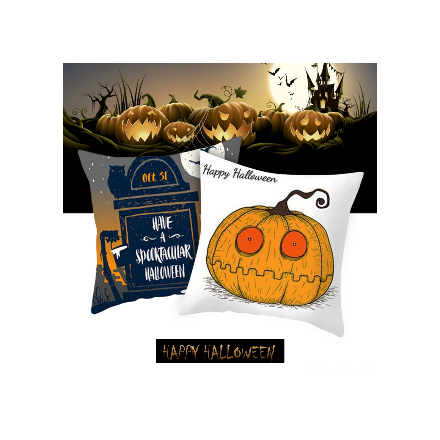 Yaleker Halloween Dekoratif Kumaş Yastık Kılıfı - Kelebek, Ay, Kedi Desenli, Pembe Deri Kadife, Ev Araba Partisi İçin, 45x45cm, Kombinasyon 12 Diğer