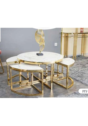 Mim Beyaz Mermer - Gold Yuvarlak 4+1 Pizza Orta Sehpa Beyaz Mermer - Gold