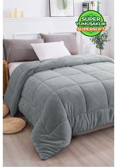 Ultra Yumuşak Çift Taraflı Wellsoft Peluş Yorgan Çift Kişilik Yıkanabilir 200x220 Cm Gri Gri