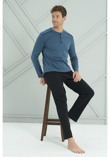 Erkek Interlok Penye Uzun Kol Pijama Takımı 2201 Petrol02 Petrol02