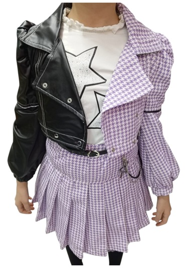 Kız Çocuk Deri Detaylı Lila Renk Üçlü Etekli Takım Lila