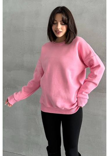 Kadın Pembe Bisiklet Yaka Oversize Sweatshirt Pembe