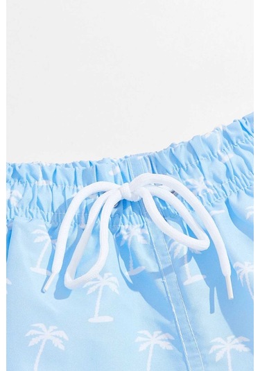 Angelsin Erkek Basic Standart Boy Şık Palmiye Baskılı Mayo Cepli Deniz Şortu Mavi