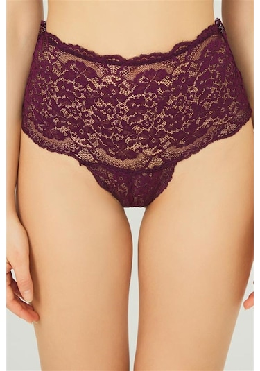 Mürdüm Dantelli Lastik Detaylı Yüksek Bel Kadın Tanga Külot Mürdüm