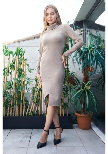Kadın Likralı Triko Kumaş Tam Balıkçı Asimetrik Uzun Kol Diz Boy Elbise-bej Bej