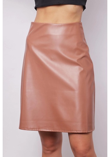 Kadın Hafif Likralı Deri Yüksek Bel Diz Boy Çan Etek-camel CAMEL