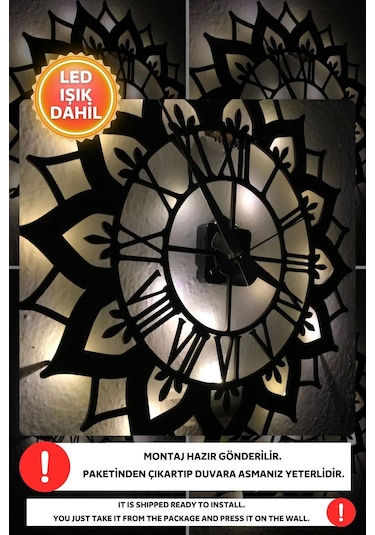 Led Işıklı Çiçek Duvar Saati Sessiz Dekoratif Modern Siyah Duvar Siyah