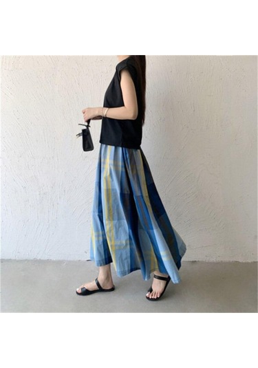 Qooth Kadınlar Rahat 8 Renk Büyük Ekose A-line Etek Tembel Elastik Bel Büyük Salıncak Uzun Etek Bahar Yaz Qt2055 Mavi