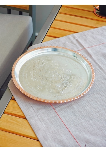 Moda Bakır İşlemeli Bakir Sunum Tepsisi 27 Cm Bakır