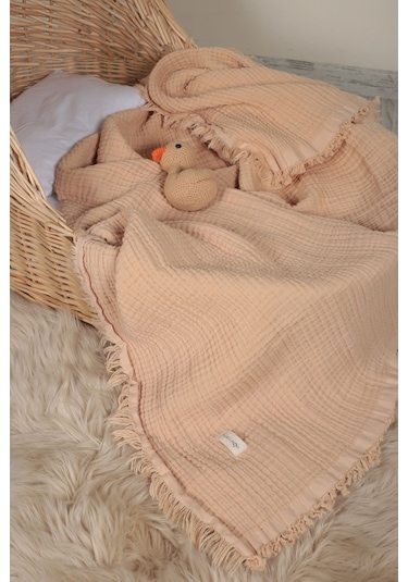 Müslin Püsküllü 4 Katlı Müslin Battaniye 90x120 Cm - Ze4katlı Bej