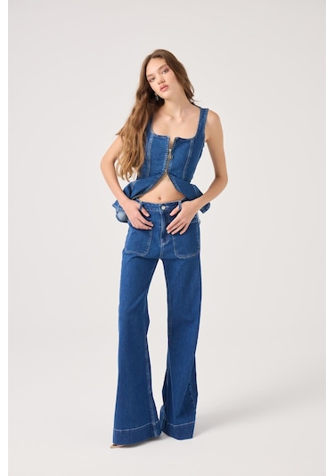 Holly Lolly Kontrast Dikişli Geniş Paça Tiara Jean Pantolon Mavi