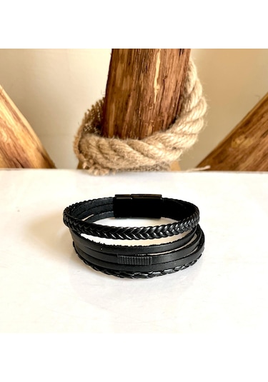 Hakiki Deri 5li Siyah Erkek Bileklik 21 Cm Türk El Üretimi Siyah