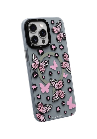 İphone 15 Pro Uyumlu Kılıf Magsafe Özellikli Kelebek Desenli Youngkit Shadow Dance Serisi Pembe