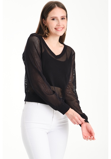 V Yaka Petek File Bluz Siyah