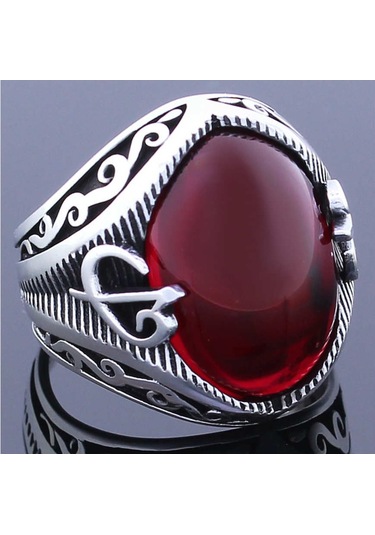 925 Ayar Gümüş Elif Vav Kırmızı Taşlı Erkek Yüzük