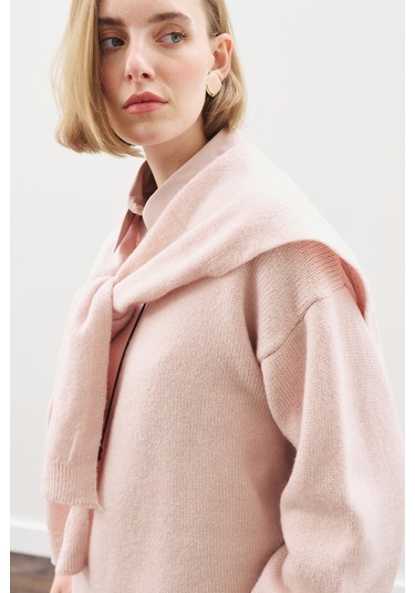 Kare Yaka Bağlamalı Triko Atkı Pembe Pembe