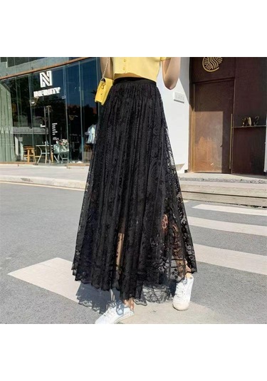 Kadın İlkbahar Ve Yaz Dantel Etek A-line Uzun Etek Büyük Hem Gazlı Bez Hollow Pilili Etek Siyah