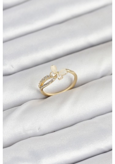 Pirinç Gold Renk Kelebek Zirkon Taşlı Kadın Yüzük Çok Renkli