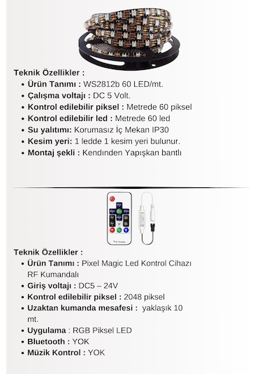 2mt. Ws2812b Kumandalı / Tak Çalıştır Adreslenebilir Şerit Led