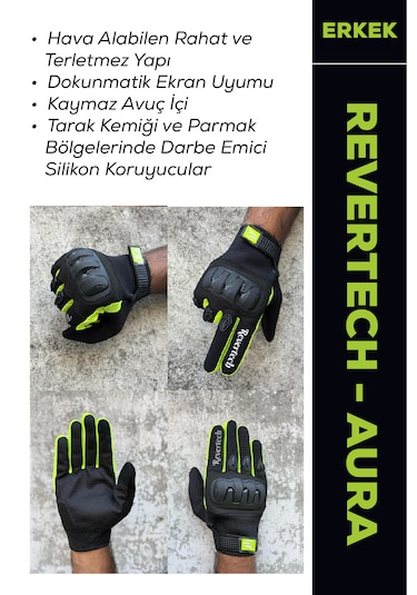 Revertech Aura Siyah / Neon - Dokunmatik Ekran Uyumlu Erkek Motosiklet Eldiveni + Buff li