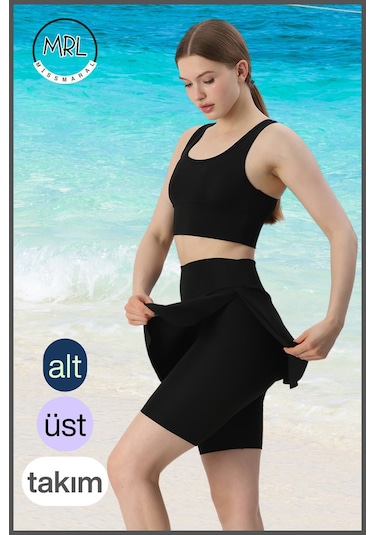 Kadın Siyah Takım Alt - Üst Biker Şort Diz Üstü &crop Bra Ped Destekli Denizde Havuzda Sporda Siyah