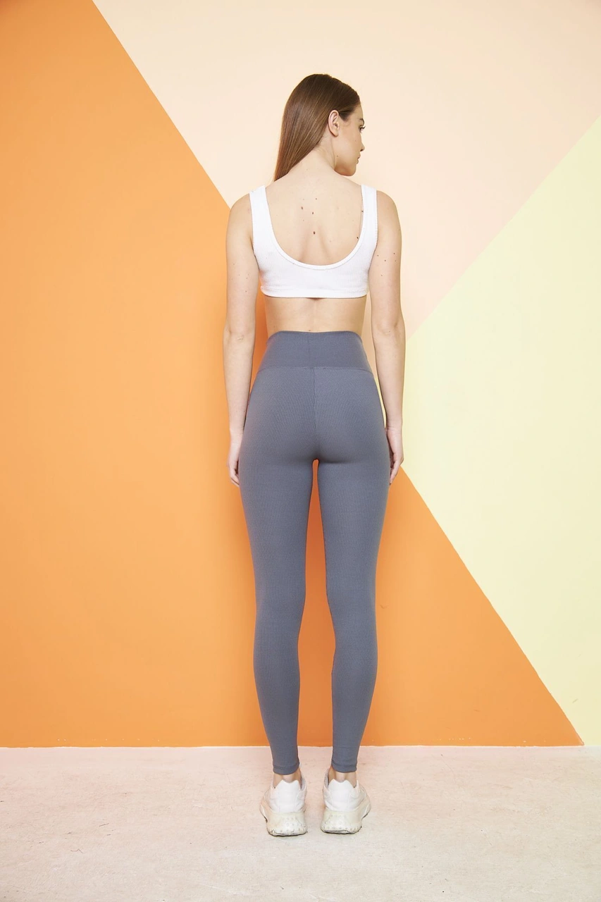 Bej Yüksek Bel Fitilli Toparlayıcı Interlok Örme Spor Dar Paça Kadın Tayt Antrasit