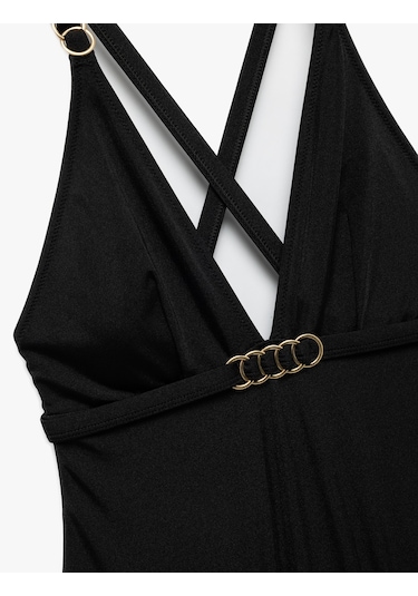 Koton Astarlı Aksesuarlı Derin V Yaka Arkası Çapraz Askılı Mayo Siyah 5sak20044mm Siyah