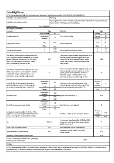 Samsung WD11DB8B85GHAH 11 KG Yıkama + 6 KG Kurutmalı Çamaşır Makinesi Beyaz