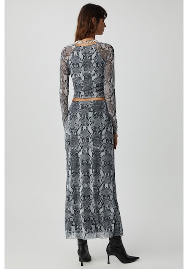 GRIMELANGE Beulah Kadın Maxi Boy Slim Fit Beli Lastikli Tül Batik Desenli Yılan Desenli Etek Yılan Desenli Çok Renkli