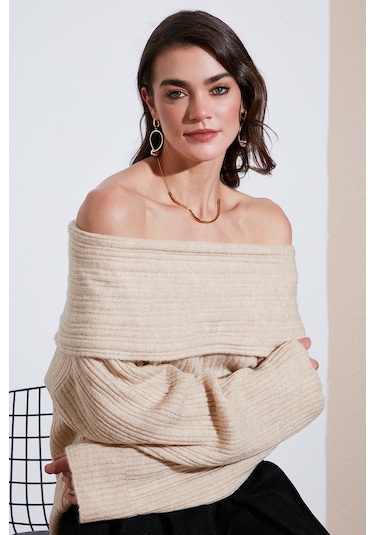 Lela Oversize Fit Madonna Yaka Triko Bayan Kazak 4615216 Bej