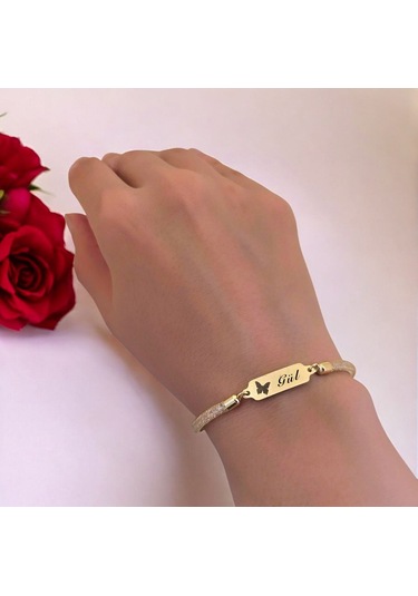 Archin Gül İsmine Özel 14 Ayar Altın Plakalı Hasır Kordonlu Kelebek Motifli Hediye Bileklik-647isim Gül